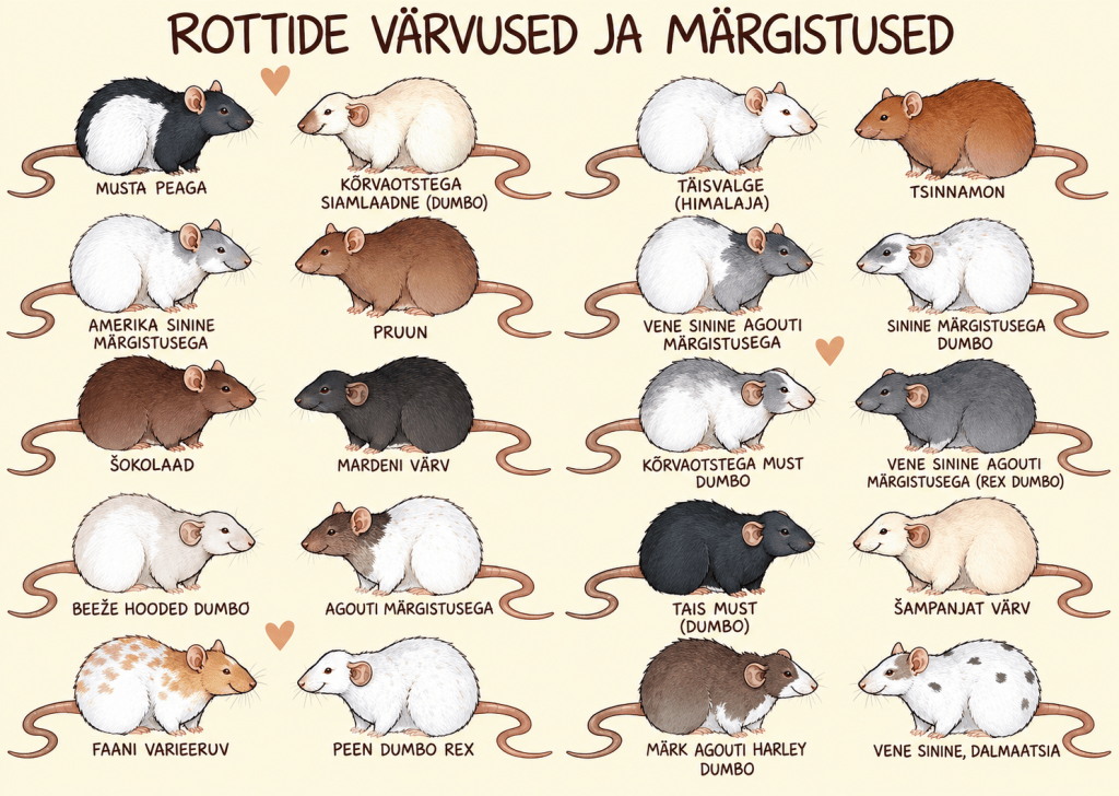 Illustration of various rat breeds and colors, showcasing their unique markings. Each rat is labeled in Estonian with its corresponding breed name.